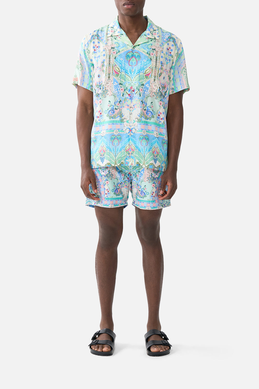The CAMILLA BUTTON DRESS WITH SHAPED WAISTBAND A TILED WONDERLAND in our  print.