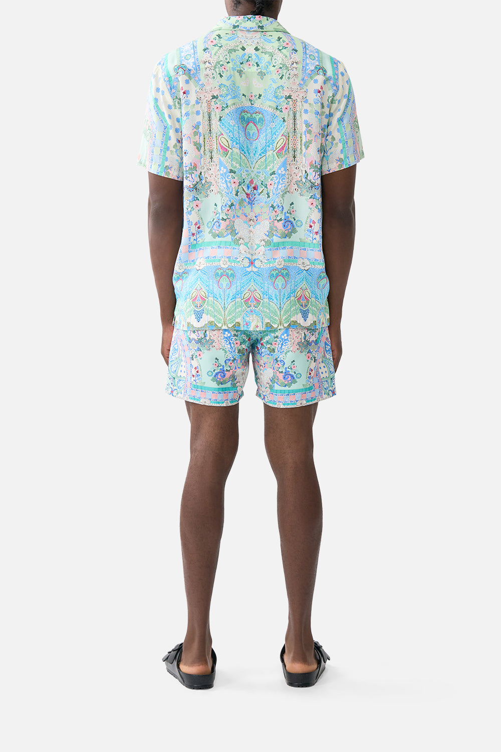 The CAMILLA BUTTON DRESS WITH SHAPED WAISTBAND A TILED WONDERLAND in our  print.