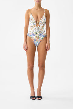 PLUNGE V NECK ONE PIECE WITH FRILL AND TRIM THE POTTERY PARLOUR