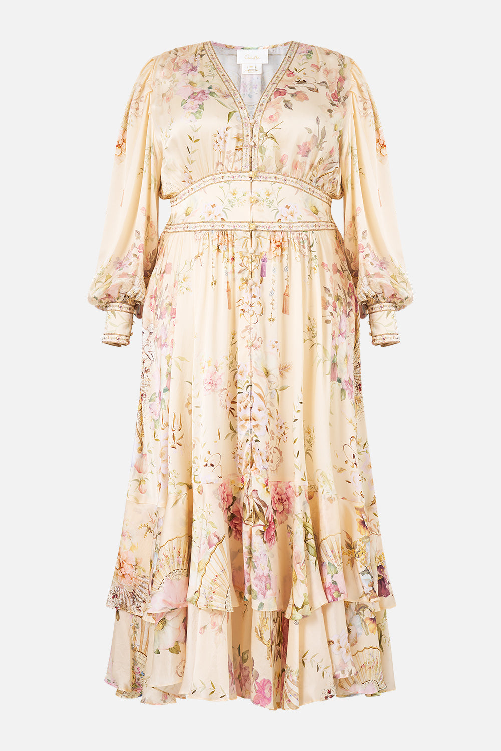 The CAMILLA BUTTON FRONT FRILL DRESS IN THE HEART OF ART in our  print.