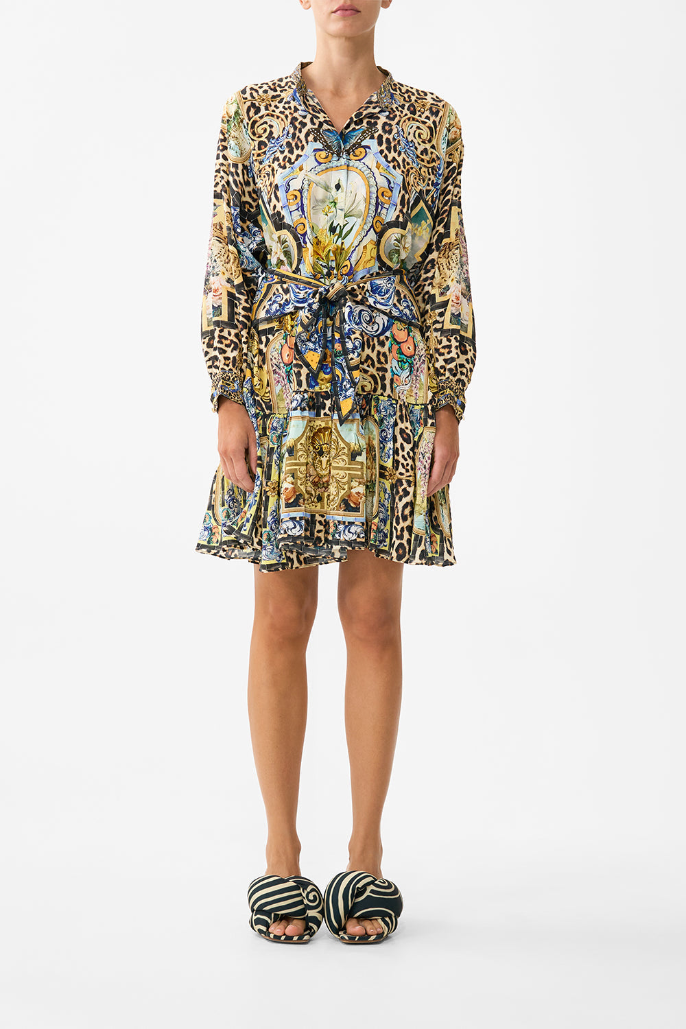 The CAMILLA JERSEY SPLICED TIERED SKIRT MIDSUMMER MOSAICS in our  print.
