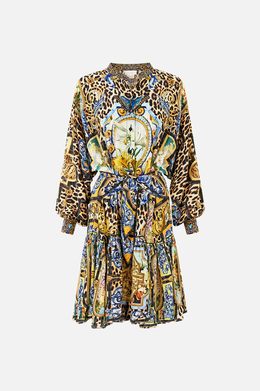 The CAMILLA JERSEY SPLICED TIERED SKIRT MIDSUMMER MOSAICS in our  print.