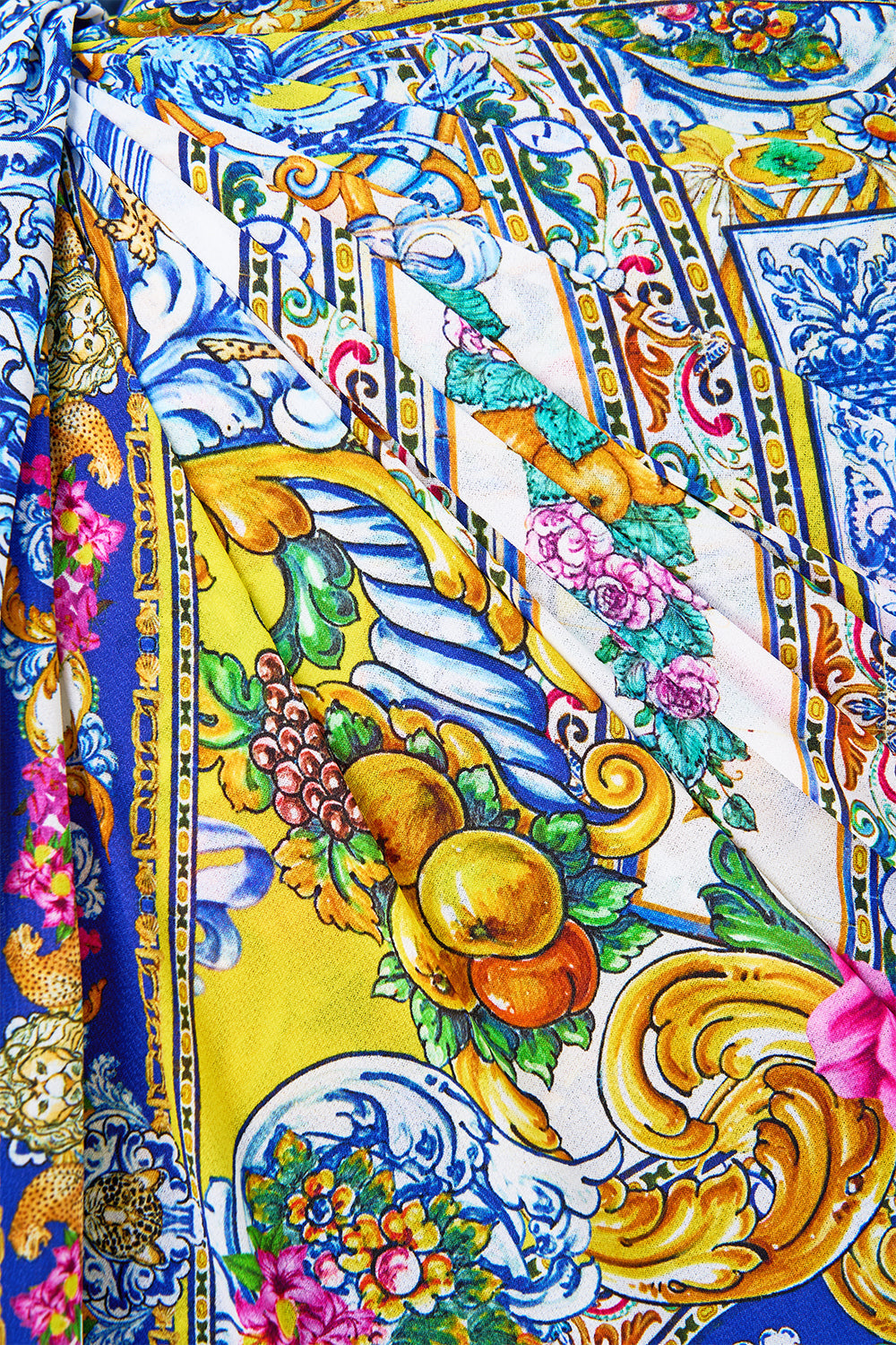 The CAMILLA CROP RUFFLE TOP ADORNED IN ARANJUEZ in our  print.