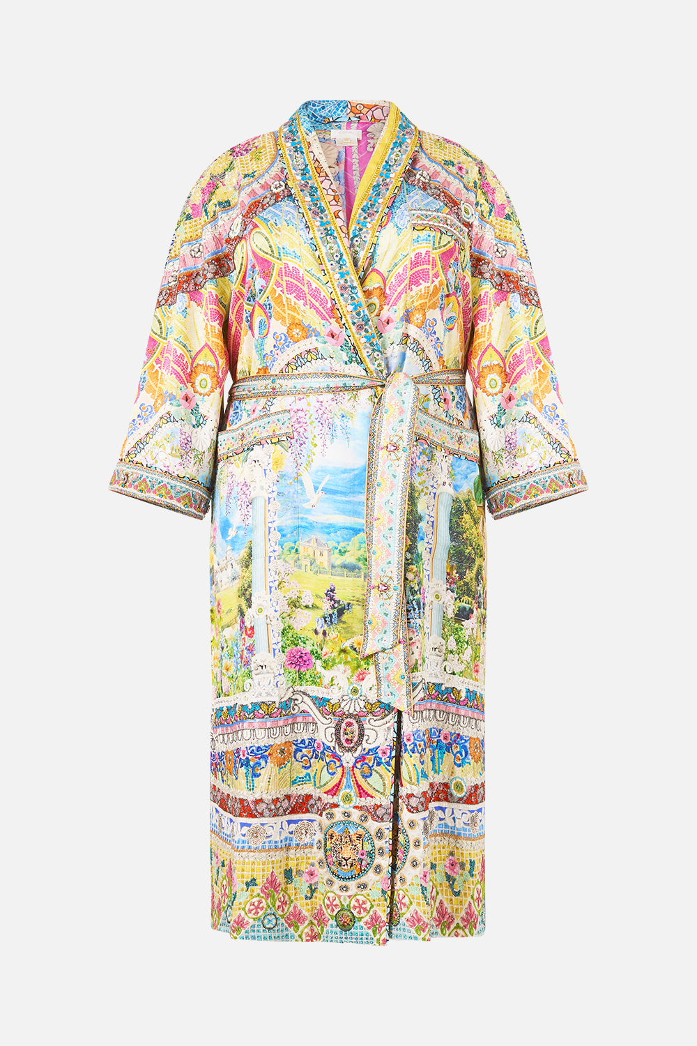 The CAMILLA WAIST TIE SHIRT DRESS WITH BUBBLE SLEEVE I LEFT MY HEART IN GRANADA in our  print.