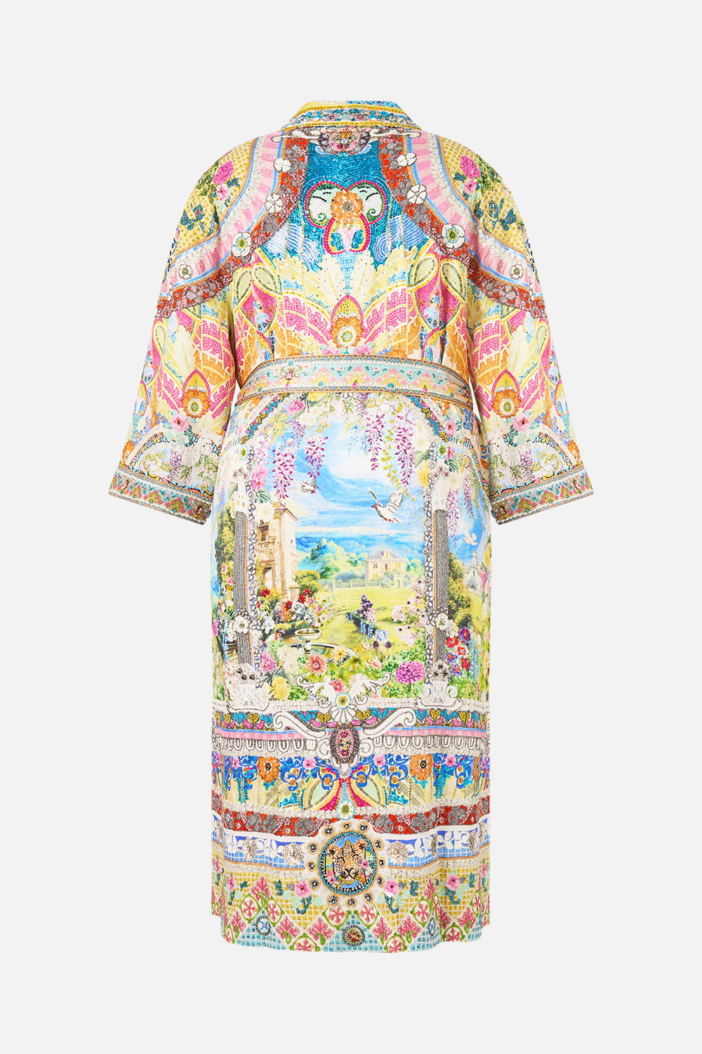 The CAMILLA WAIST TIE SHIRT DRESS WITH BUBBLE SLEEVE I LEFT MY HEART IN GRANADA in our  print.