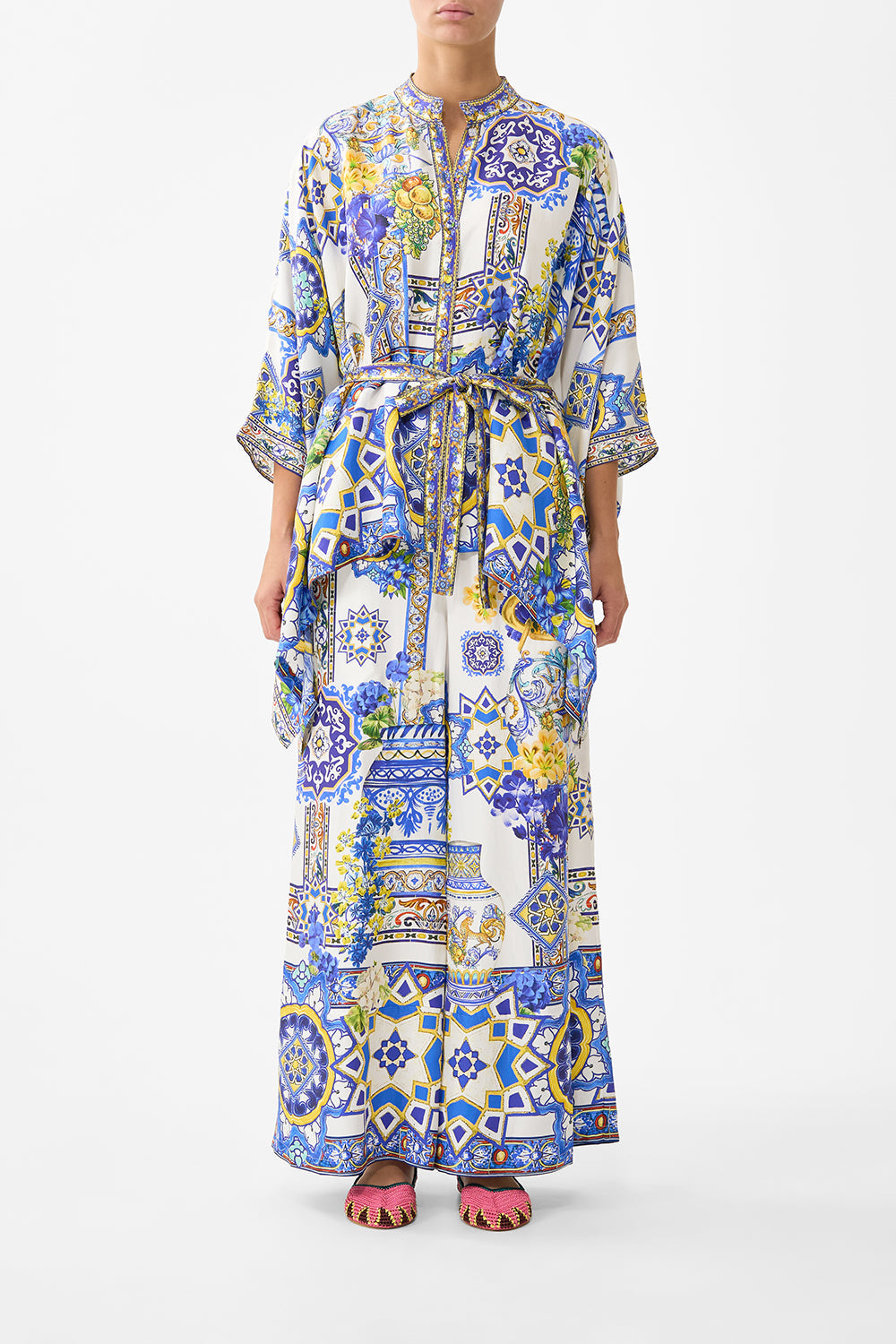 The CAMILLA LACE UP V NECK BLOUSE WITH CASCADE RUFFLES SEVILLE SWEETHEART in our  print.