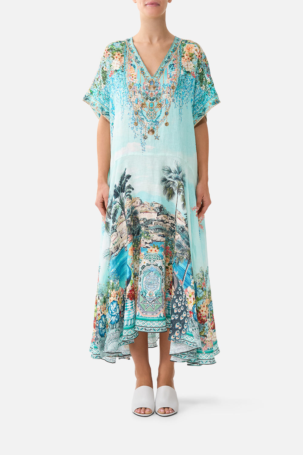 The CAMILLA V NECK DRESS WITH TWIST FRONT DETAIL MATADORA FLORA in our MATADORA FLORA print.