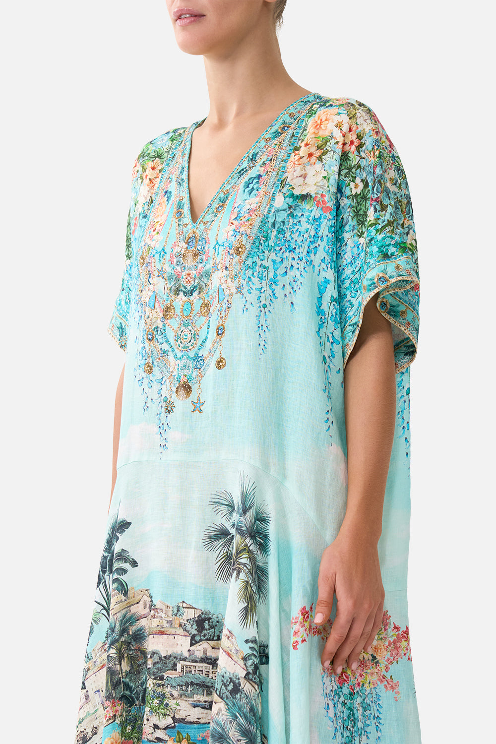 The CAMILLA V NECK DRESS WITH TWIST FRONT DETAIL MATADORA FLORA in our  print.