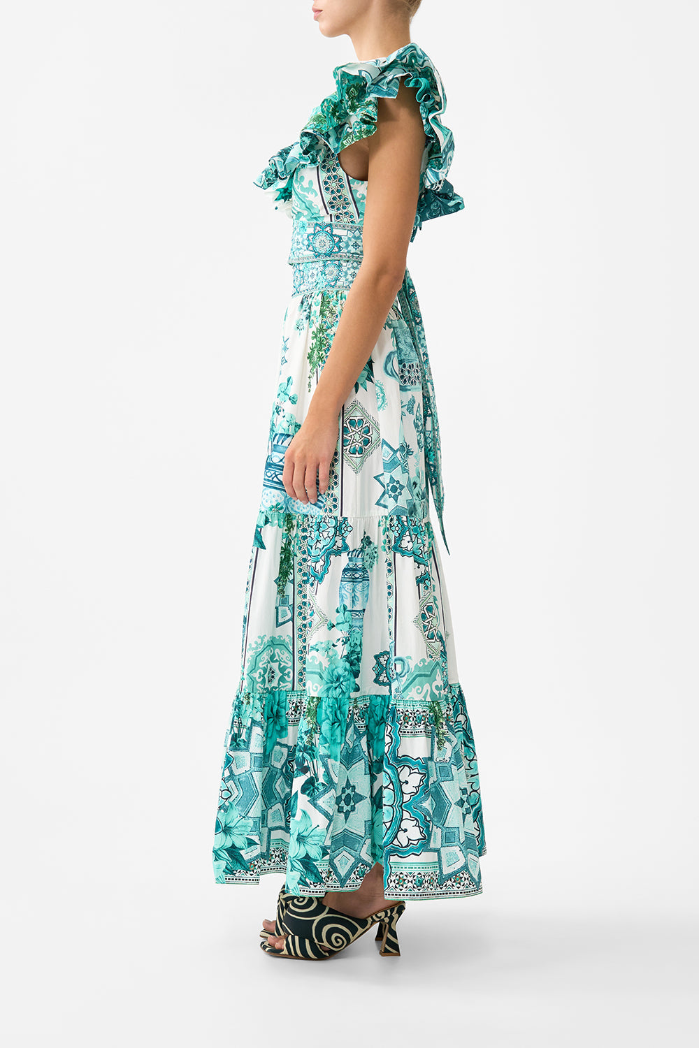 The CAMILLA ruffle wrap top in our print Balearic Bebé.