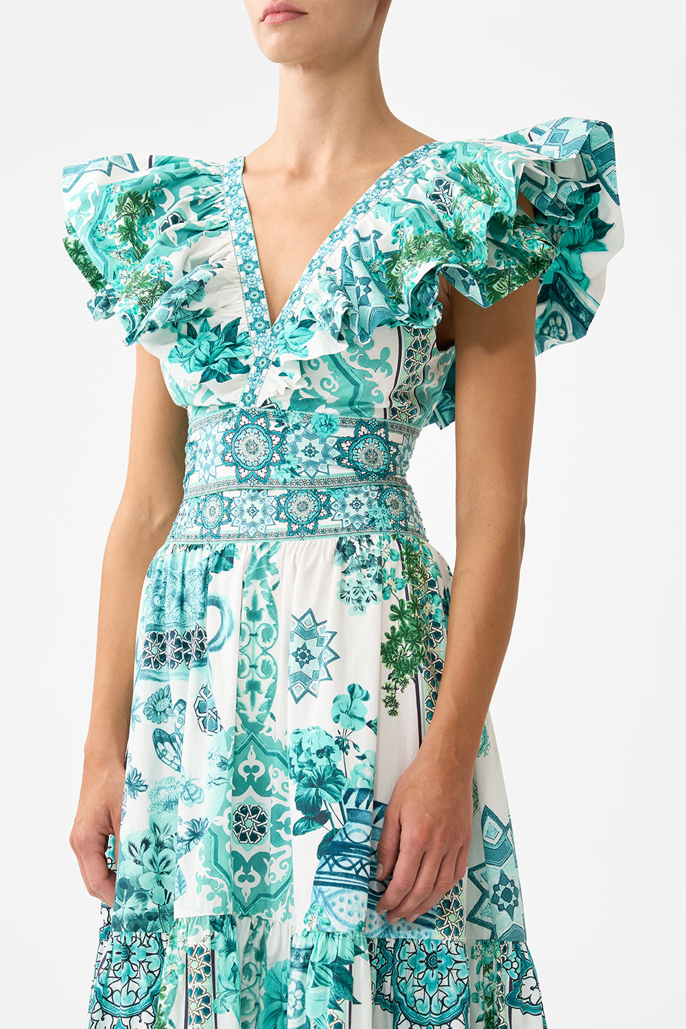 The CAMILLA ruffle wrap top in our print Balearic Bebé.