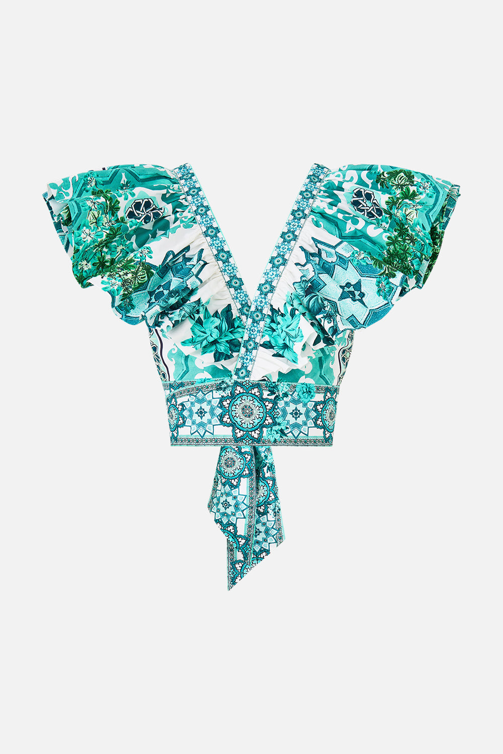 The CAMILLA ruffle wrap top in our print Balearic Bebé. Front view.