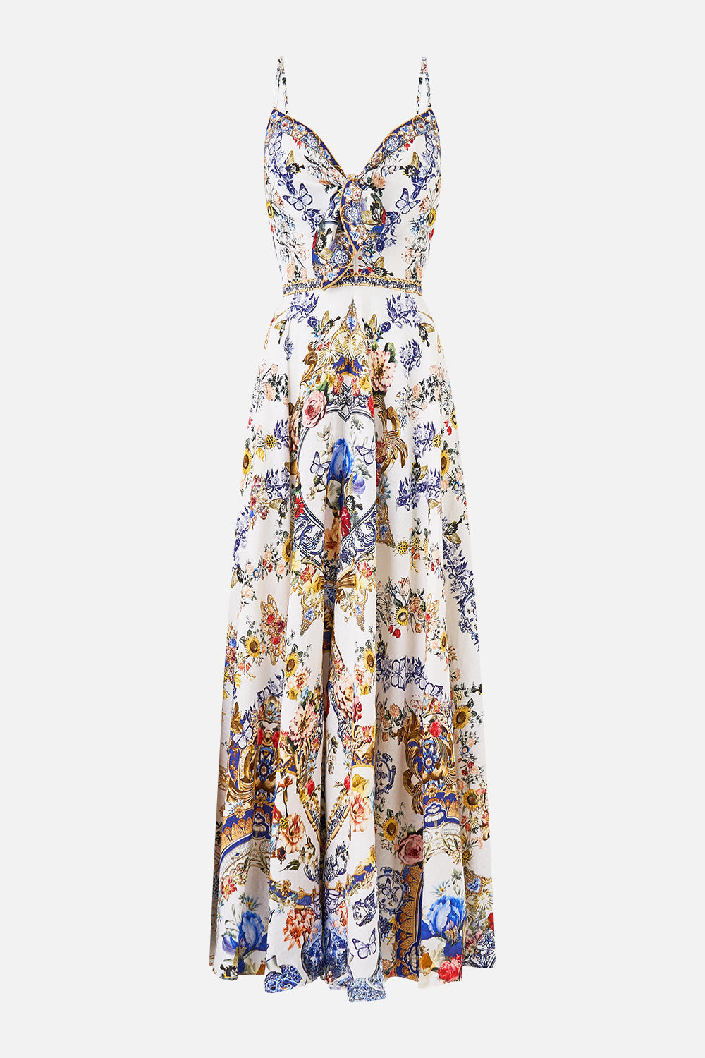 The CAMILLA LAYERED LONG SARONG SKIRT WITH TIE FRONT NAVÀS NOUVEAU in our NAVÀS NOUVEAU print.