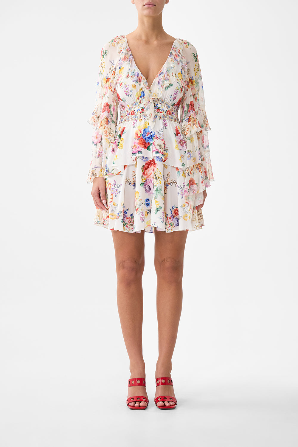 The CAMILLA ASYMMETRIC FRILL PANELLED DRESS FLAMENCO FOLKLORE in our  print.