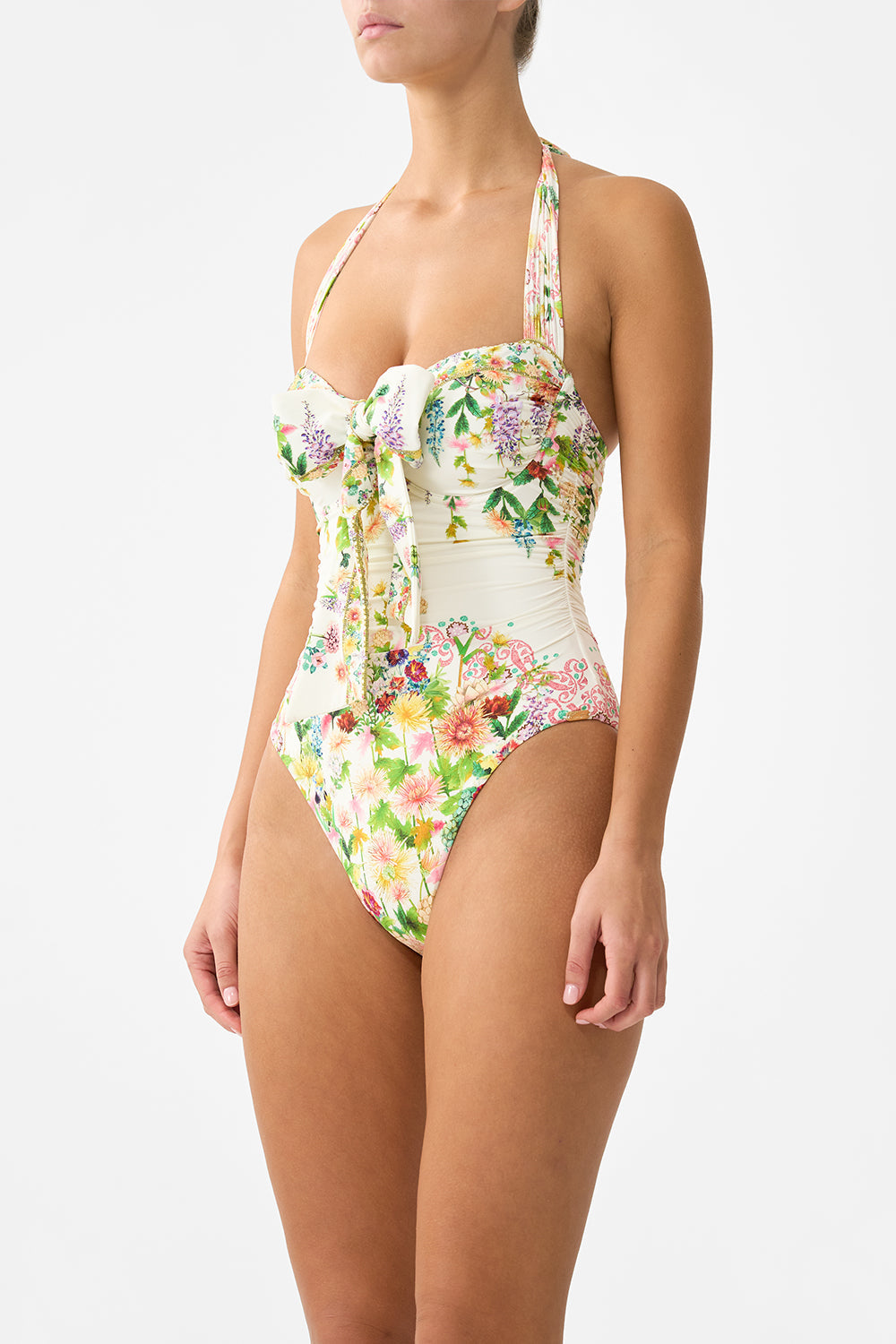 The CAMILLA bow tie gathered underwire halter one piece in our print The Call of Catalonia.