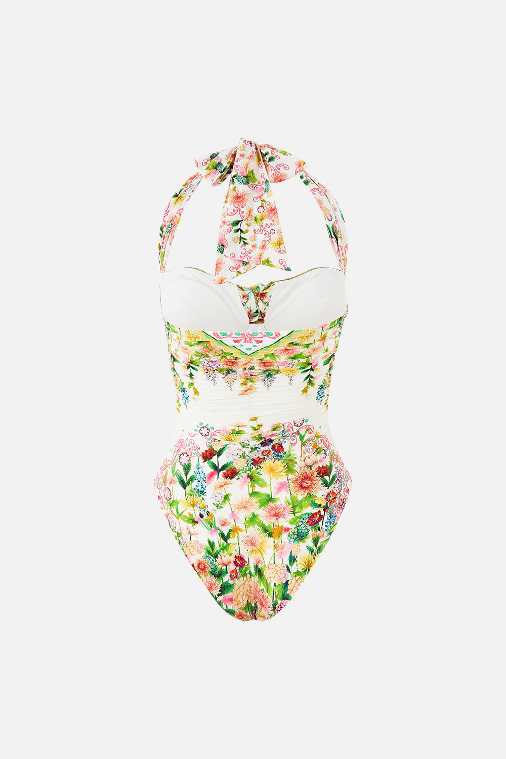 The CAMILLA bow tie gathered underwire halter one piece in our print The Call of Catalonia.