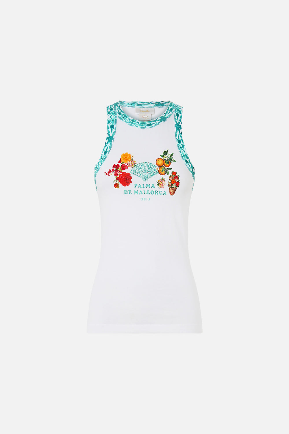 The CAMILLA jersey tank top in our print Balearic Bebé. Front view.