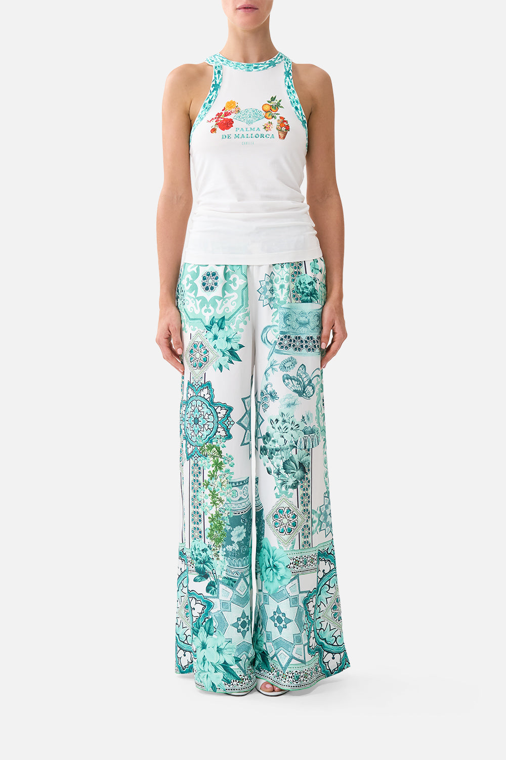 The CAMILLA jersey tank top in our print Balearic Bebé. Front model view.