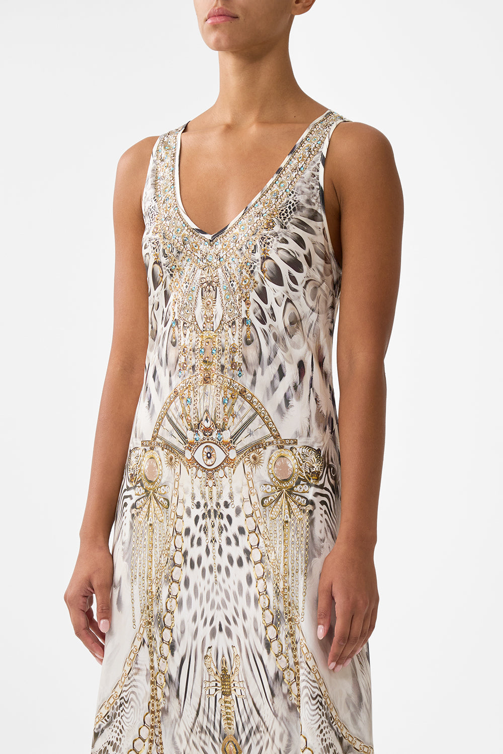 The CAMILLA JERSEY STRAPPY DRESS ARANJUEZ ANIMALIA in our  print.