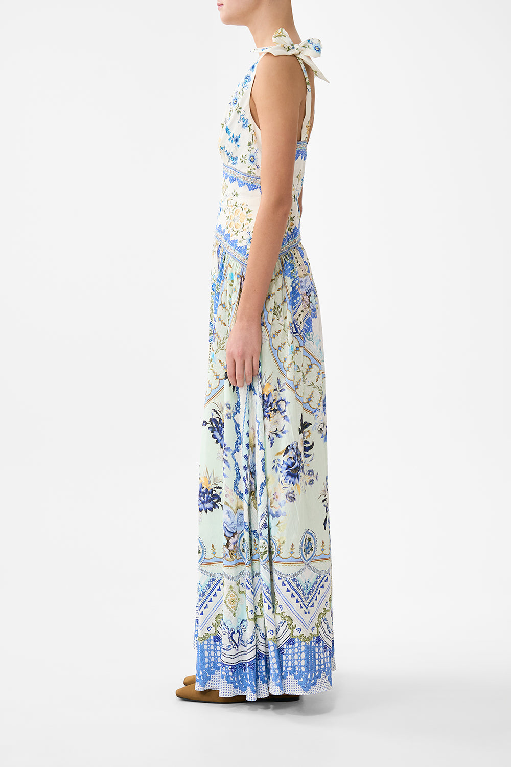 The CAMILLA KIDS STRAPPY MINI DRESS WITH TIE FRONT ESPAÑA NIRVANA in our ESPAÑA NIRVANA print.