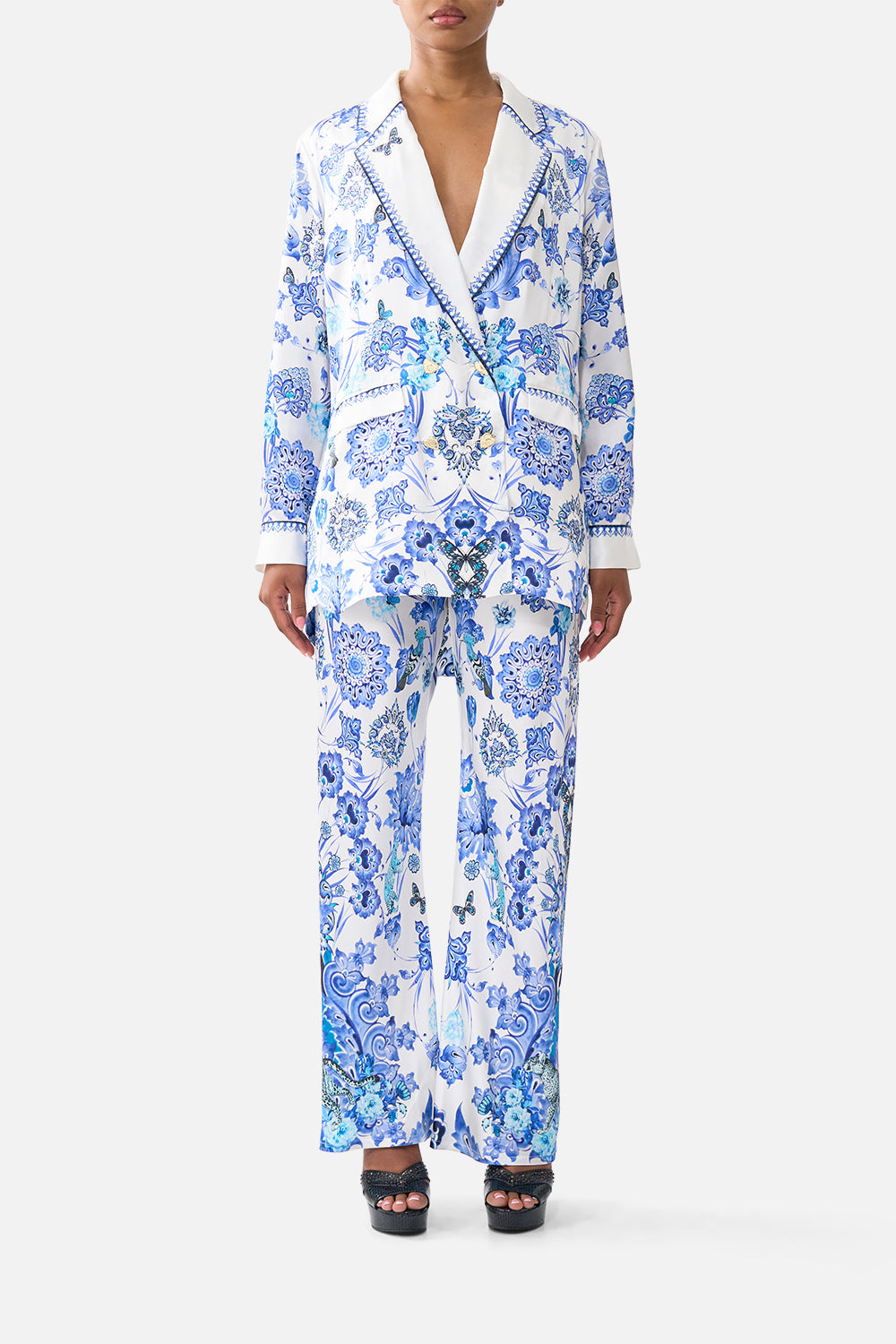 The CAMILLA LARGE CRYSTALLED SILK SQUARE SCARF DAUGHTERS OF DUENDE in our DAUGHTERS OF DUENDE print.