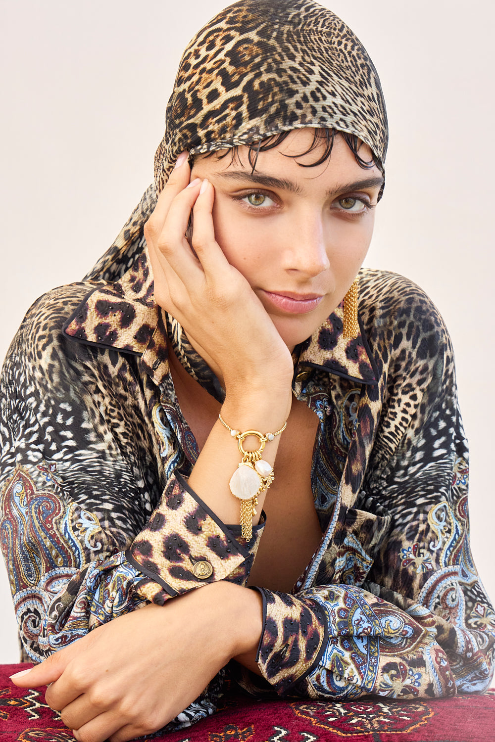 The CAMILLA MINI SHIRT DRESS TILED IN TIME in our  print.