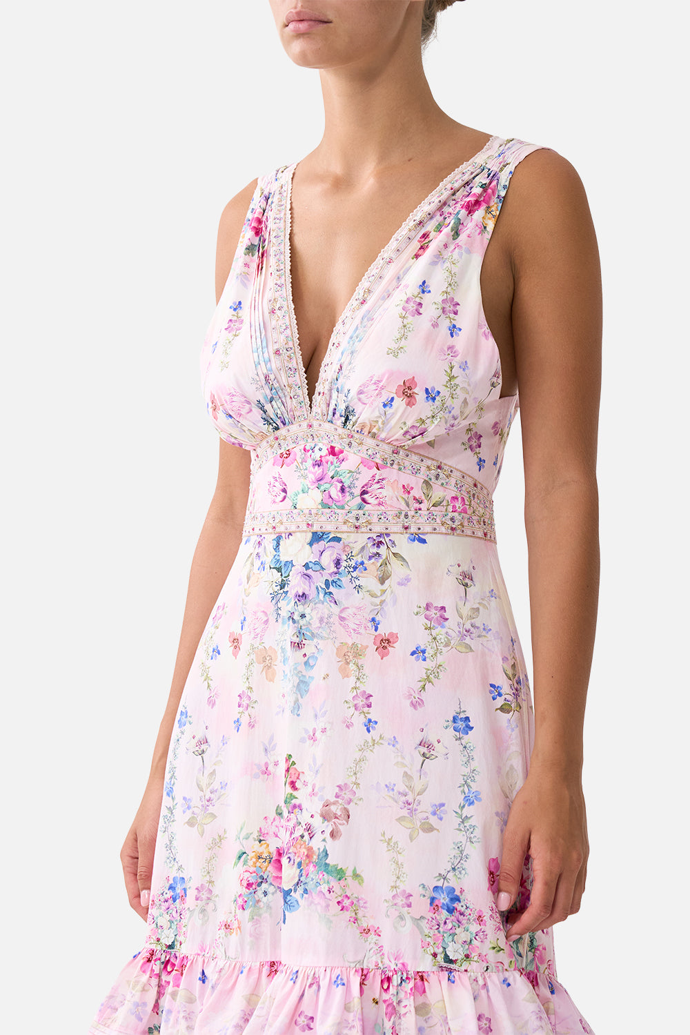 The CAMILLA RUFFLE SLEEVE SHORT DRESS SEVILLE SWEETHEART in our  print.