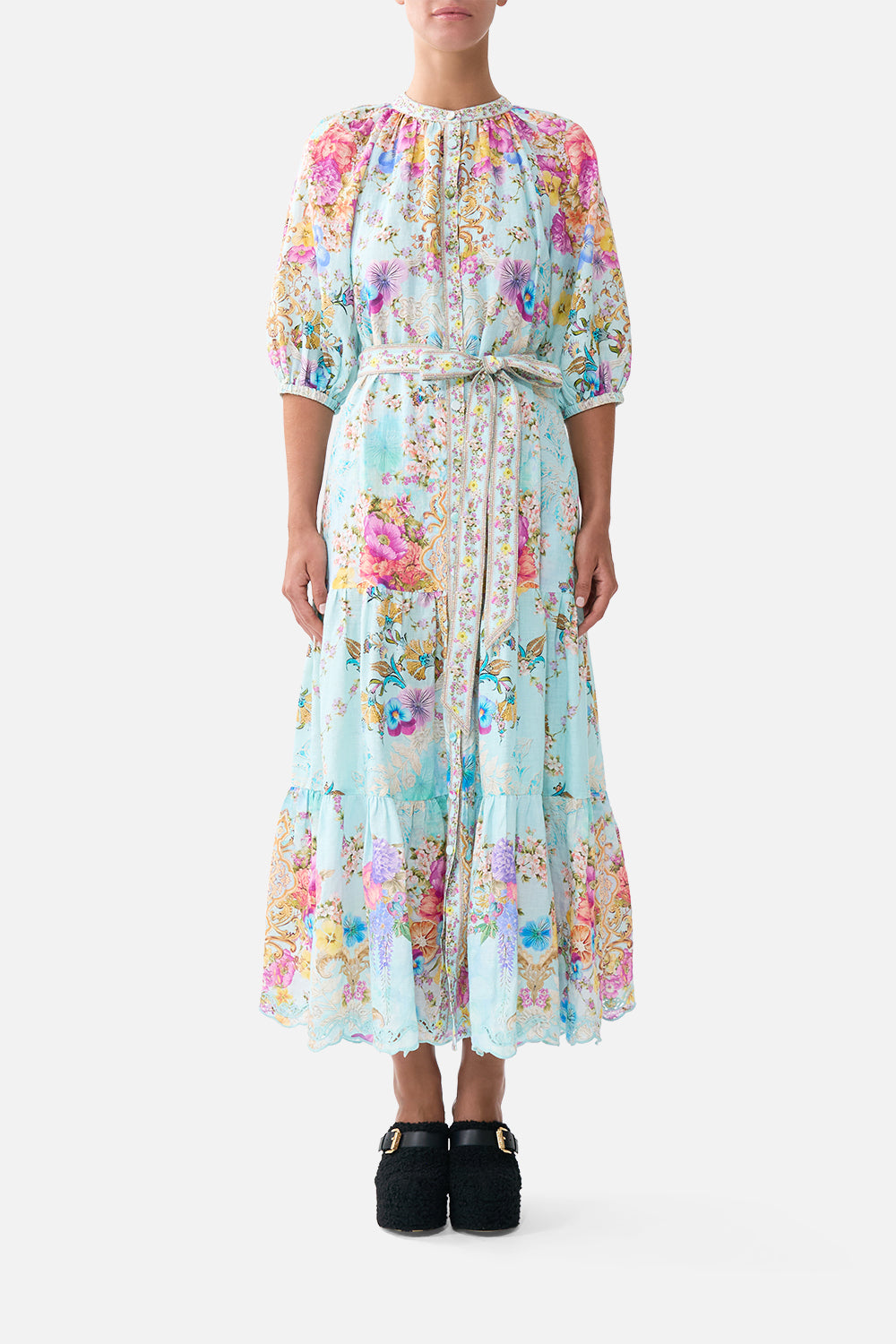 PUFF SLEEVE MIDI SHIRT DRESS WITH TIE BAZAAR BLOOMS