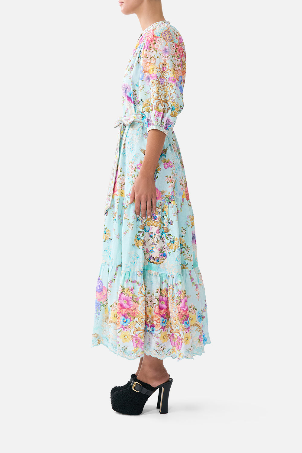 PUFF SLEEVE MIDI SHIRT DRESS WITH TIE BAZAAR BLOOMS