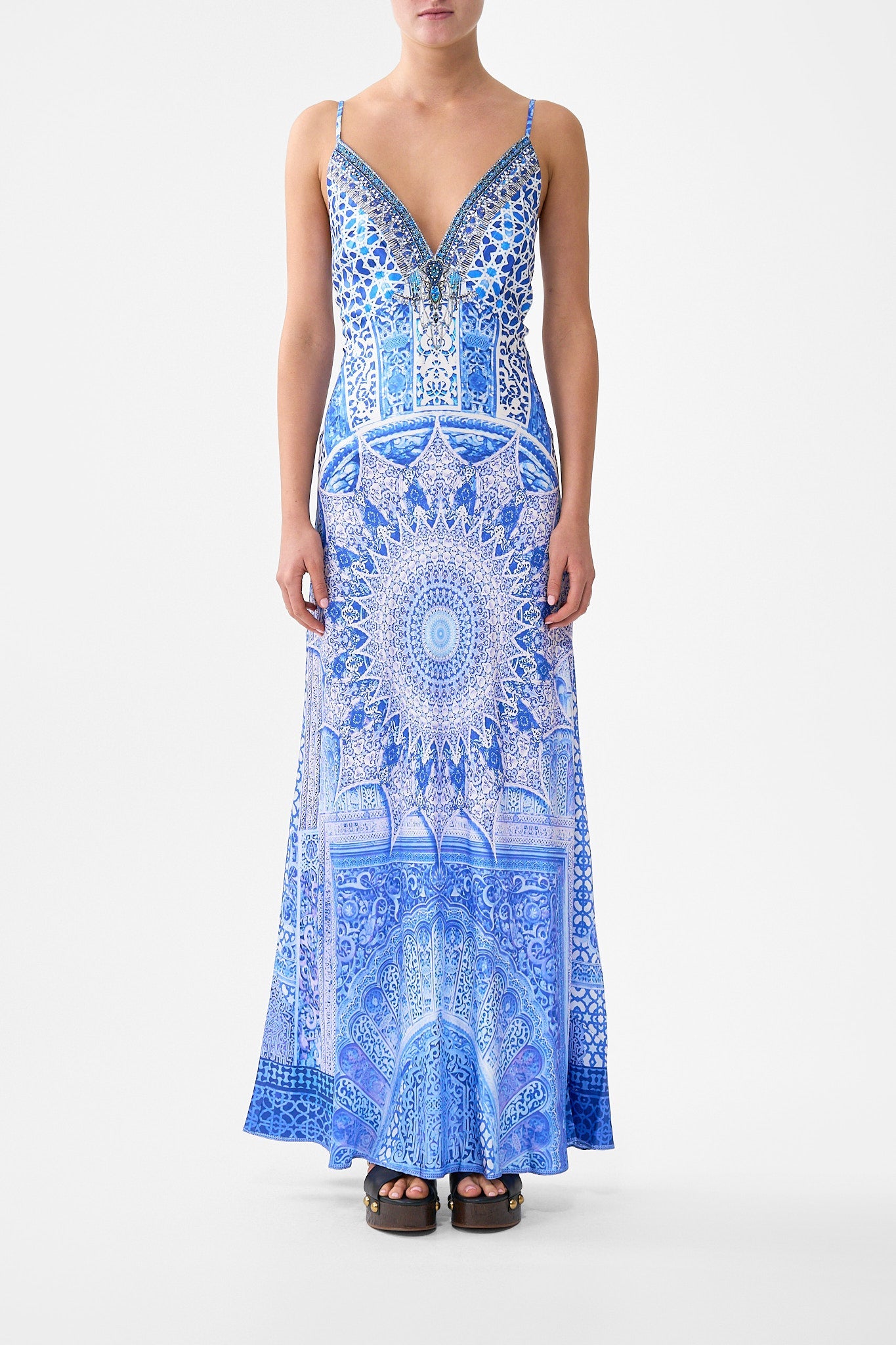 The CAMILLA RUFFLE HEM HALTER SHORT DRESS NAZAR NIRVANA in our  print.