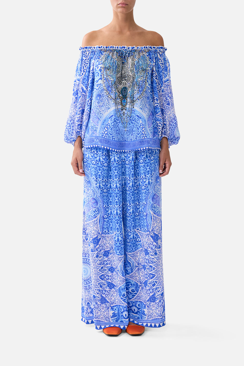 The CAMILLA LONG SPLIT FRONT TWIST DRESS AMULETS AND ALCHEMY in our  print.