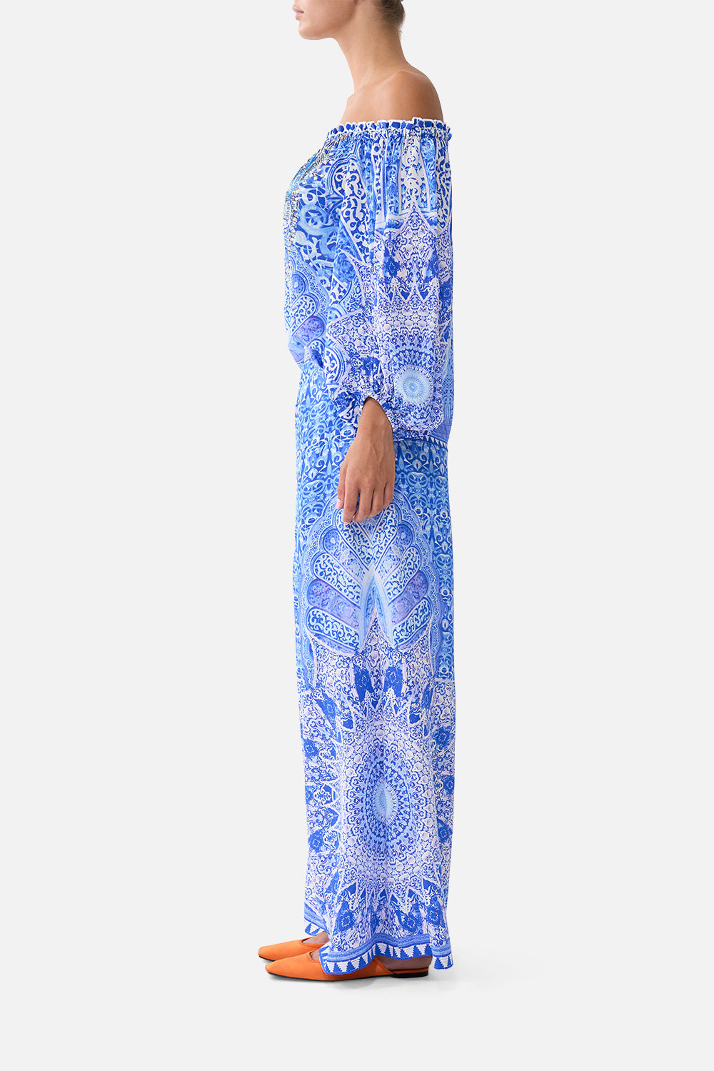 The CAMILLA CORSET DRESS WITH LONG FLARED SKIRT NAZAR NIRVANA in our  print.