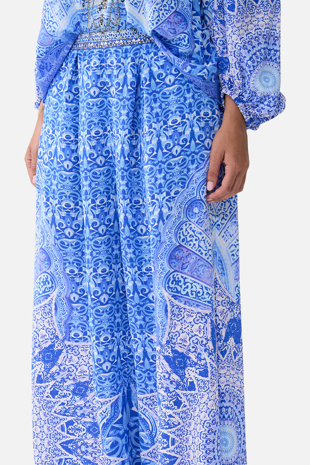 The CAMILLA CORSET DRESS WITH LONG FLARED SKIRT NAZAR NIRVANA in our  print.