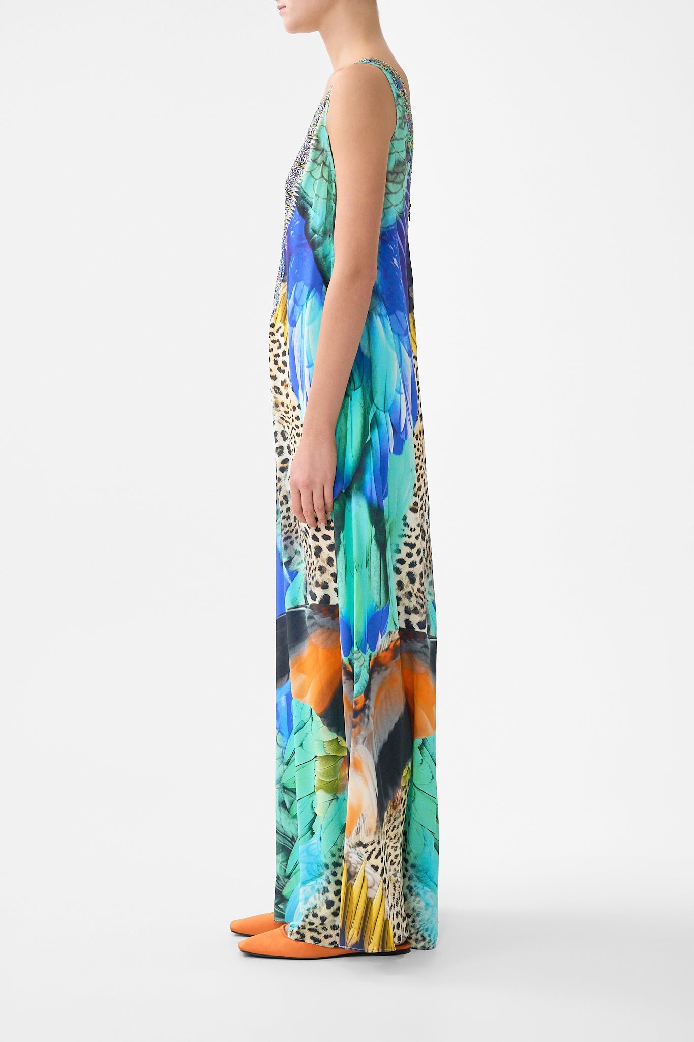 The CAMILLA COWL NECK HALTER DRESS NOTES FROM THE BLUE ROOM in our  print.