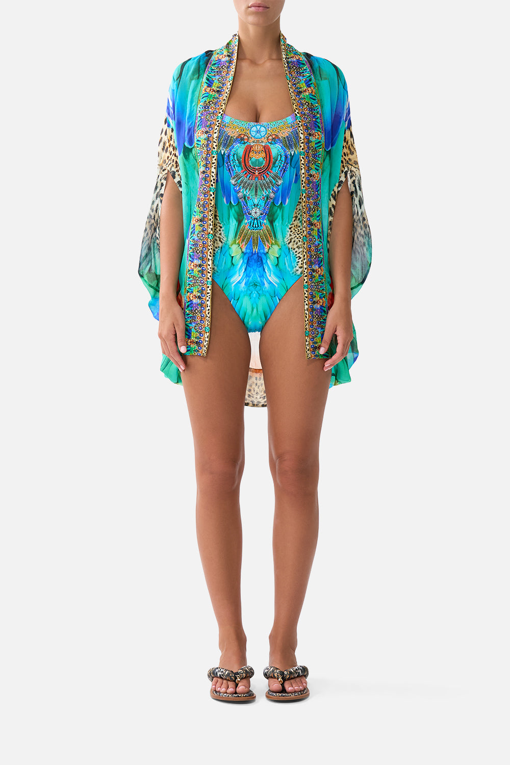The CAMILLA WAISTED DRESS WITH HEM RUFFLE MEET ME IN MALLORCA in our  print.