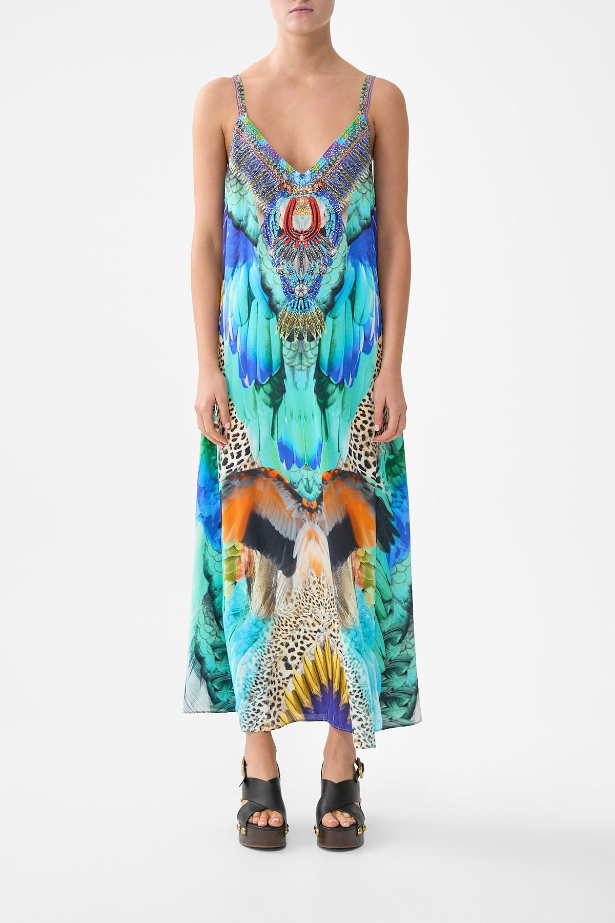 V NECK MIDI SLIP DRESS JUNGLE FLIGHT