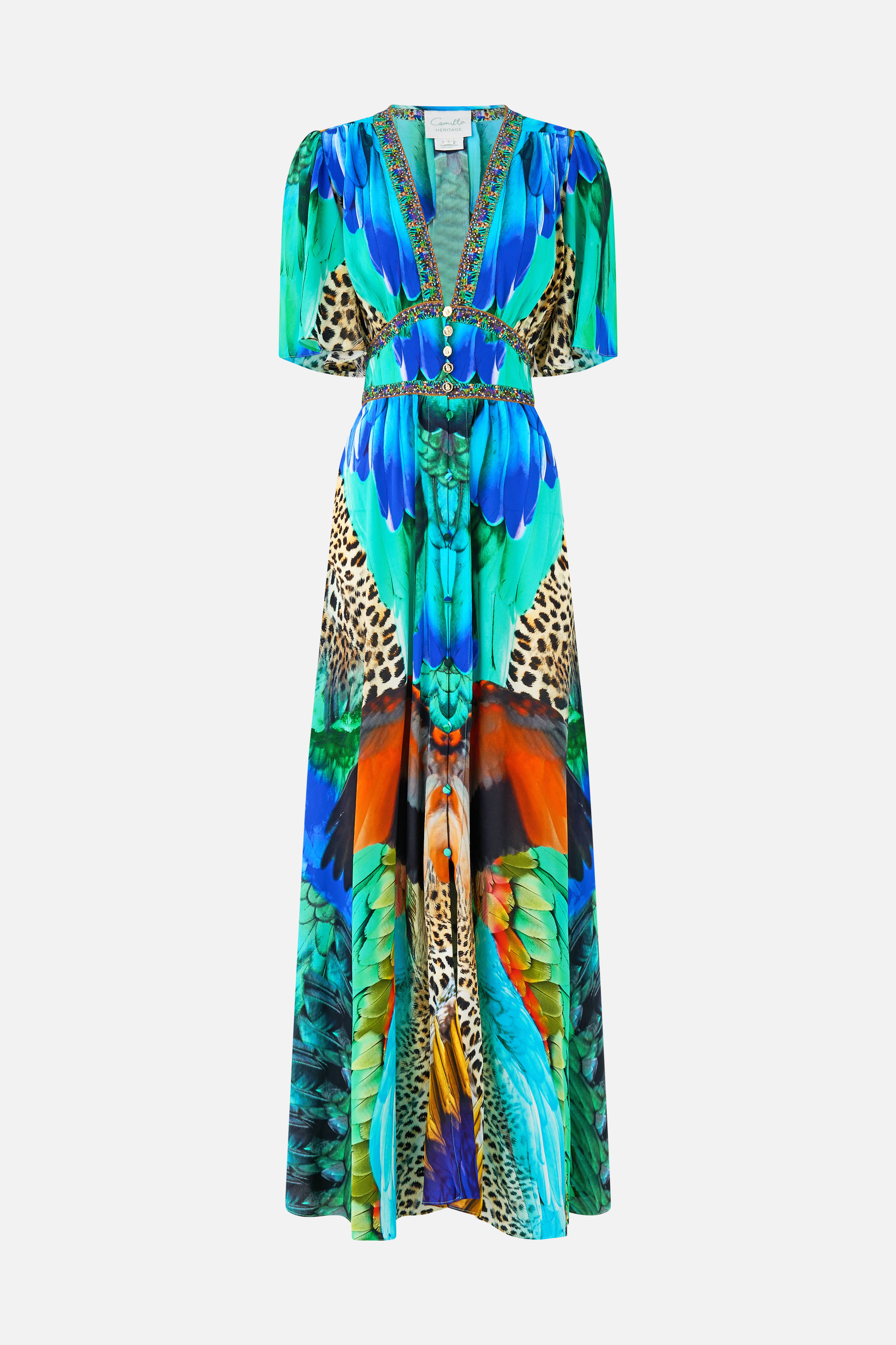 The CAMILLA RUFFLE HEM HALTER SHORT DRESS MEET ME IN MALLORCA in our  print.