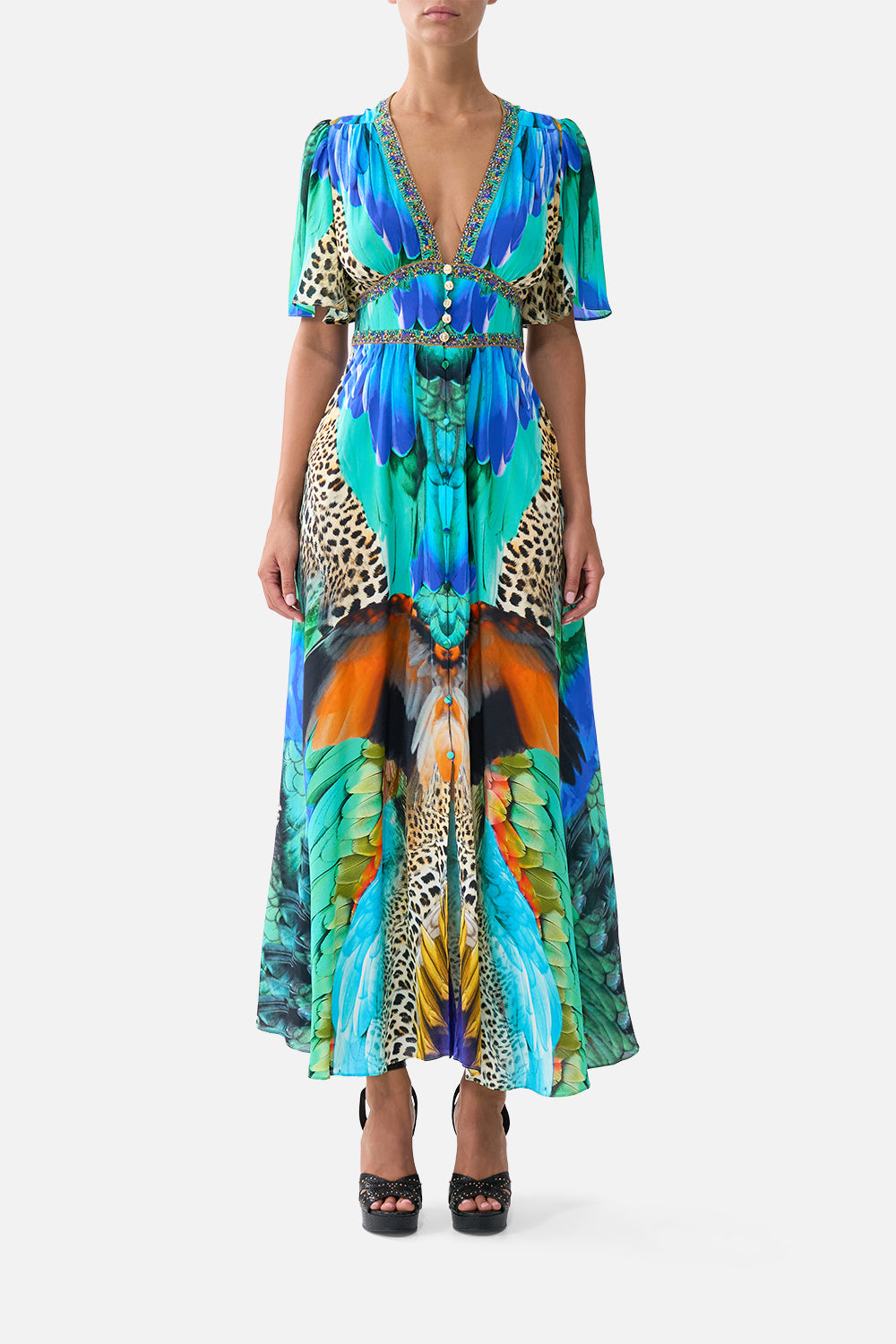The CAMILLA RUFFLE HEM HALTER SHORT DRESS MEET ME IN MALLORCA in our MEET ME IN MALLORCA print.