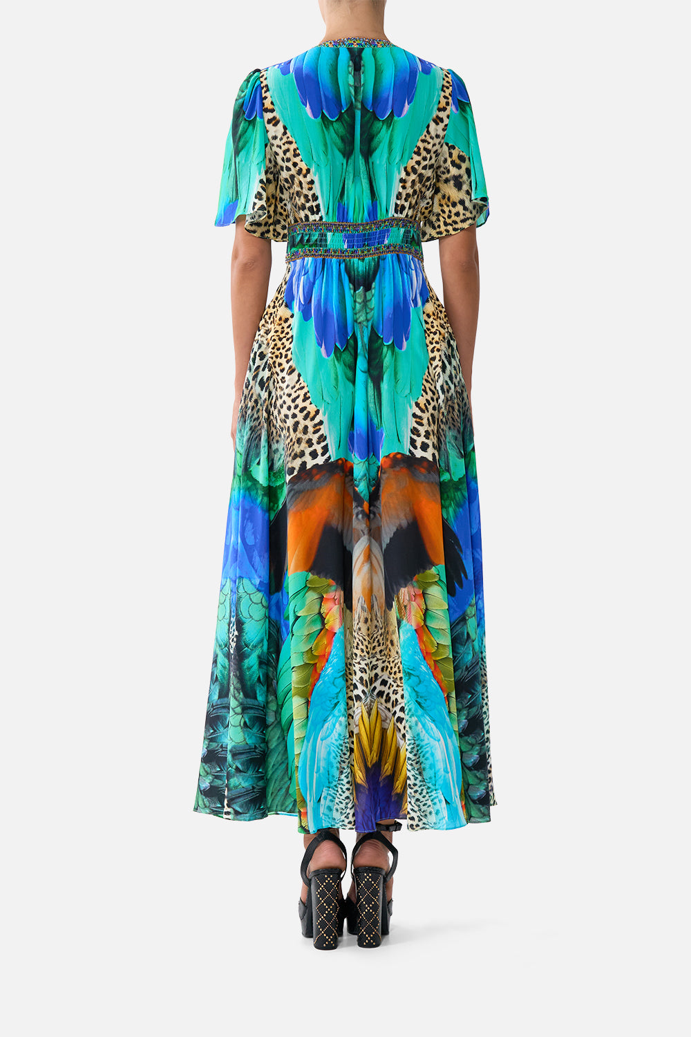 SHAPED WAISTBAND DRESS WITH FLUTTER SLEEVES JUNGLE FLIGHT