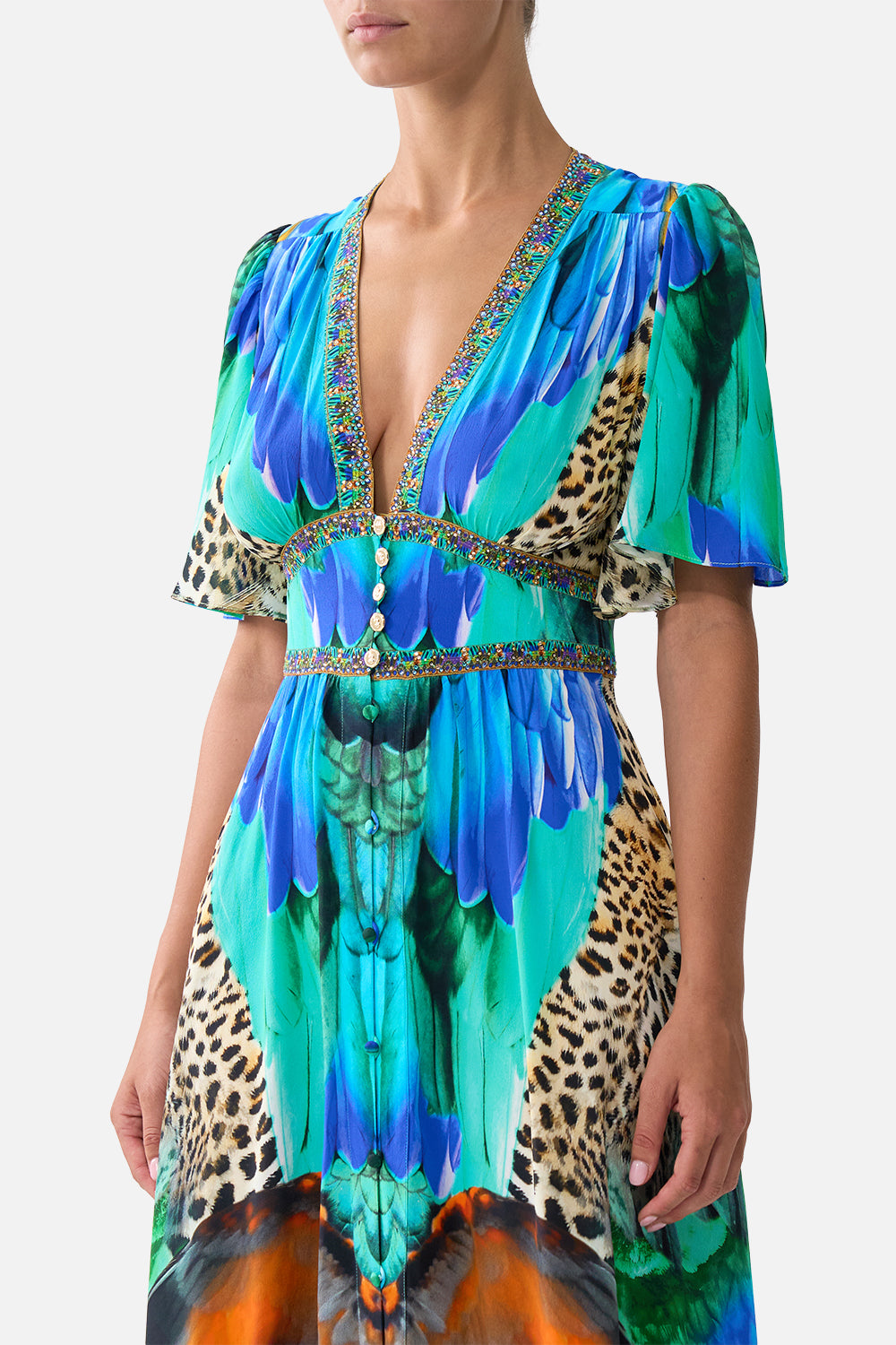 SHAPED WAISTBAND DRESS WITH FLUTTER SLEEVES JUNGLE FLIGHT