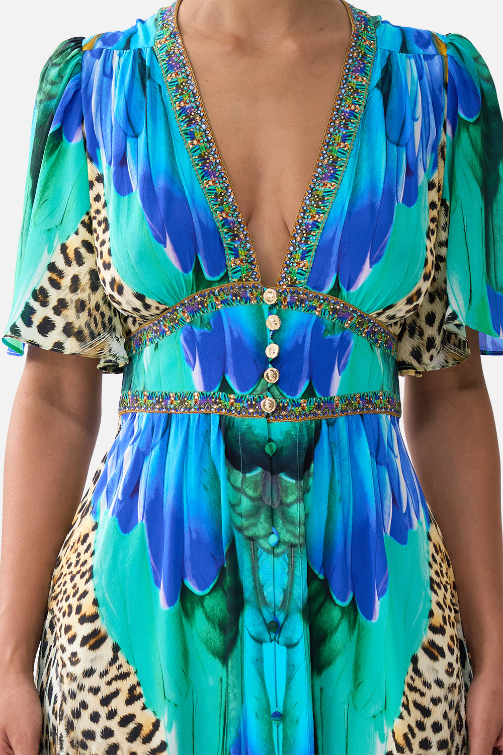 The CAMILLA RUFFLE HEM HALTER SHORT DRESS MEET ME IN MALLORCA in our  print.