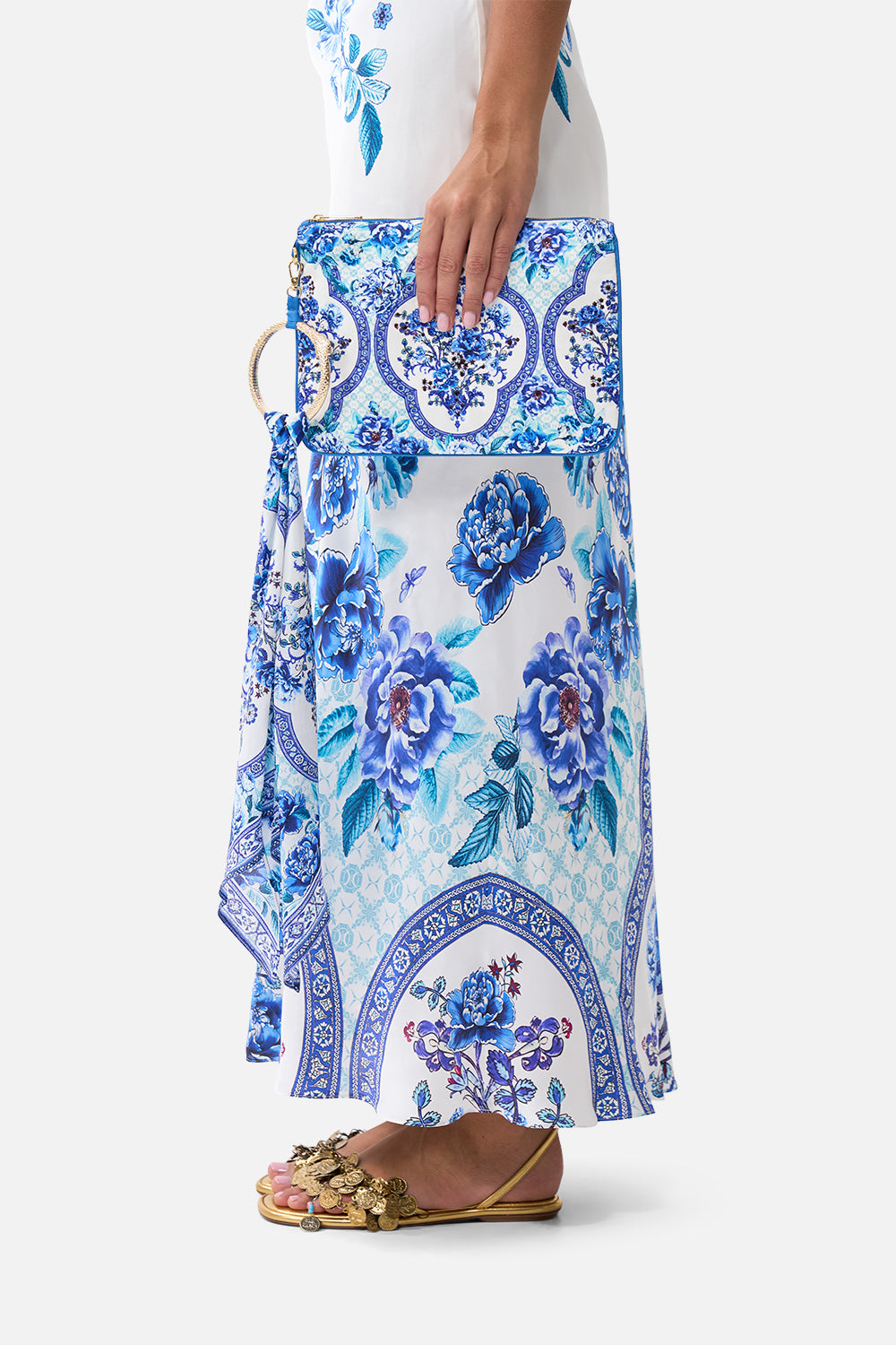 The CAMILLA LONG DRESS WITH KNIT FRONT BODICE MAGIC CARPET RIDE in our  print.