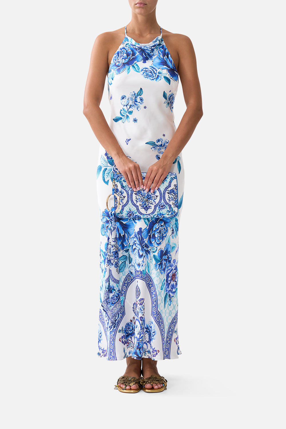 The CAMILLA LONG DRESS WITH KNIT FRONT BODICE MAGIC CARPET RIDE in our  print.