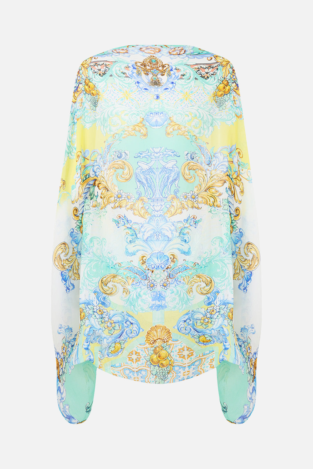 The CAMILLA LONG TIERED DRESS WITH BOW TIES CERAMIC PANORAMIC in our CERAMIC PANORAMIC print.