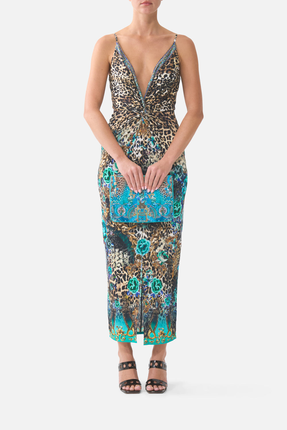 The CAMILLA LONG BUTTON FRONT DRESS TAURUS RISING in our  print.