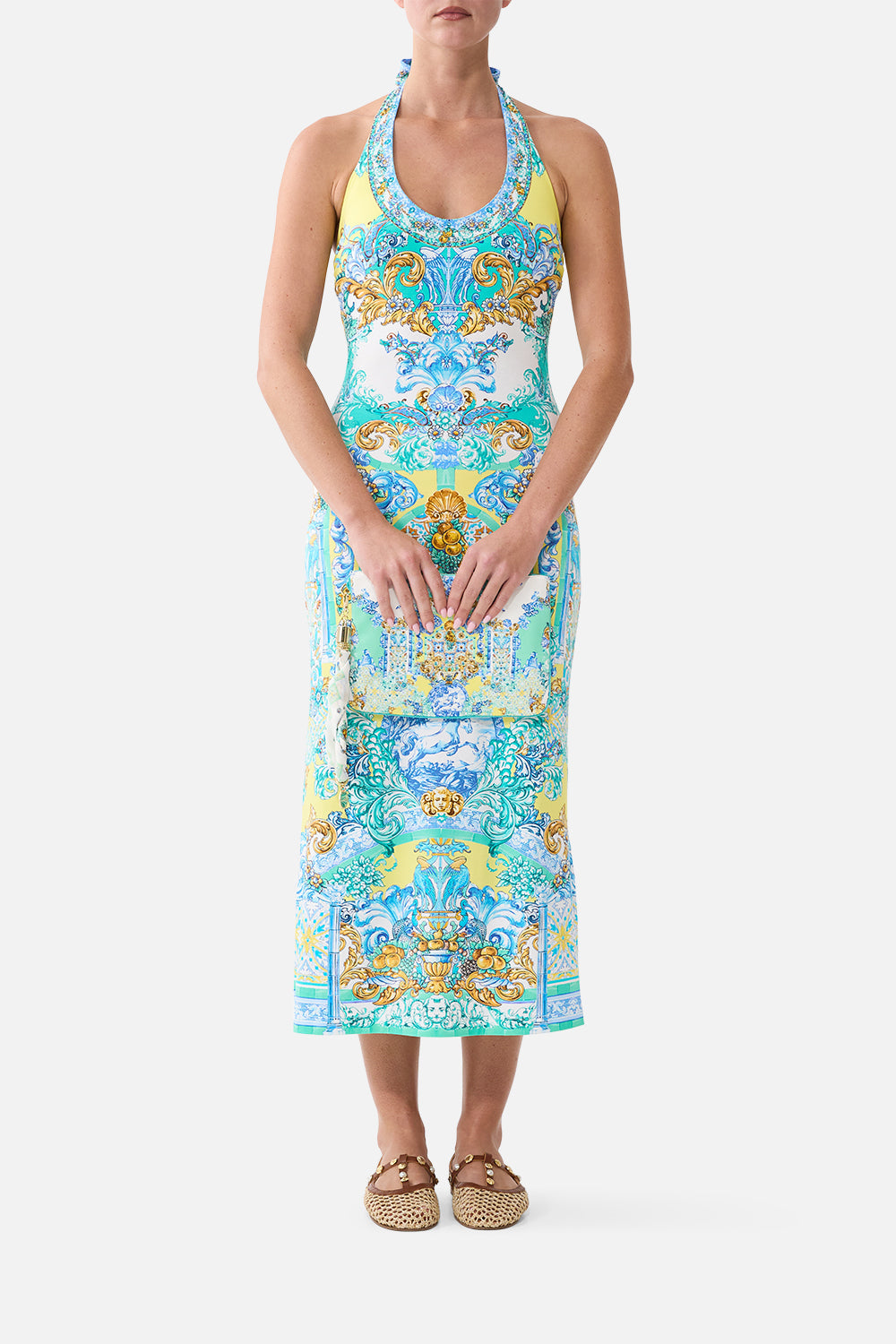 The CAMILLA BUTTON FRONT FRILL DRESS IN THE HEART OF ART in our  print.