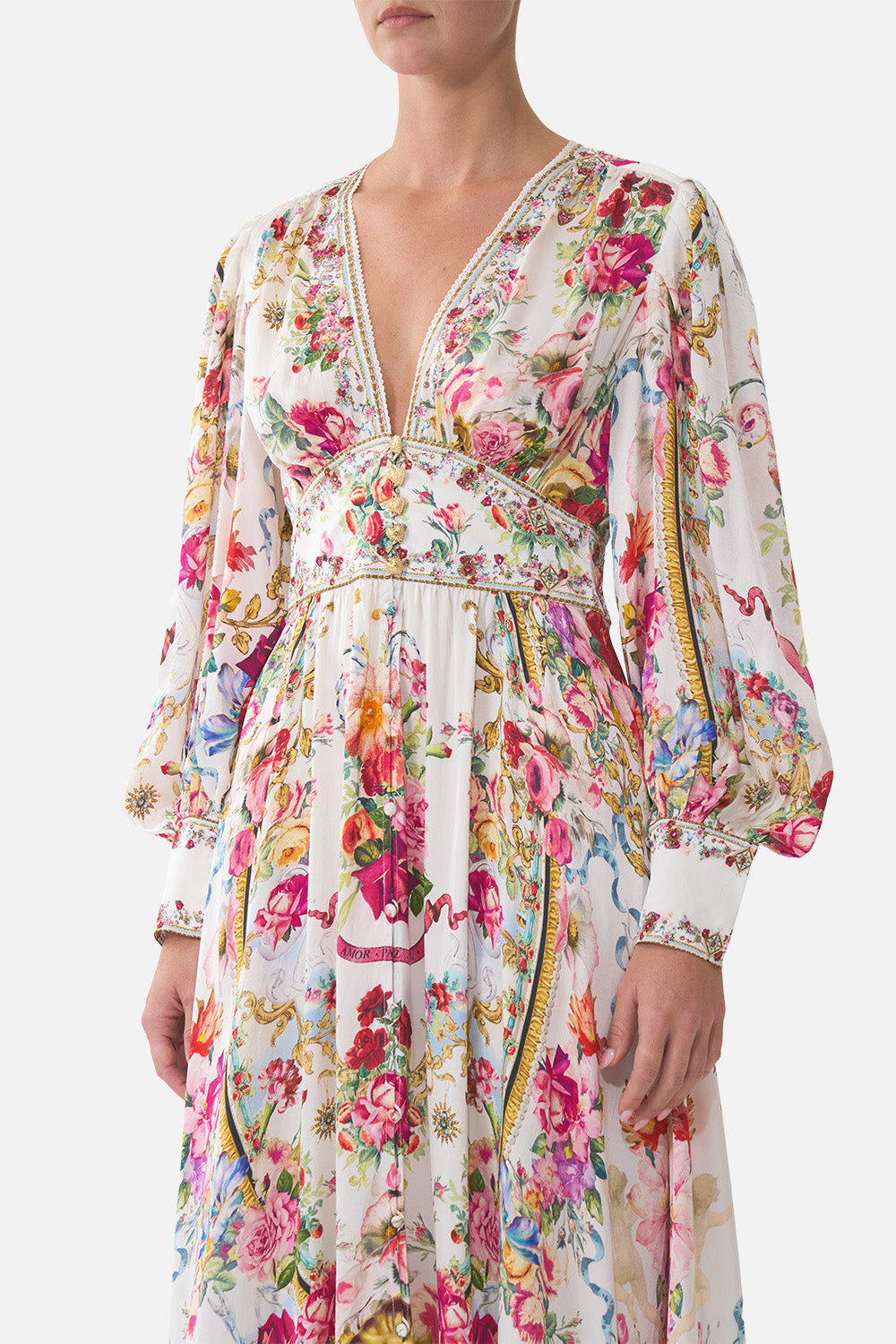 The CAMILLA CORSET WAIST WIDE LEG PANT MIDSUMMER MASTERPIECE in our  print.