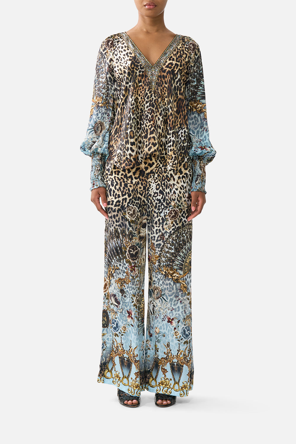 The CAMILLA WIDE LEG BELTED JEAN DENIM in our DENIM print.