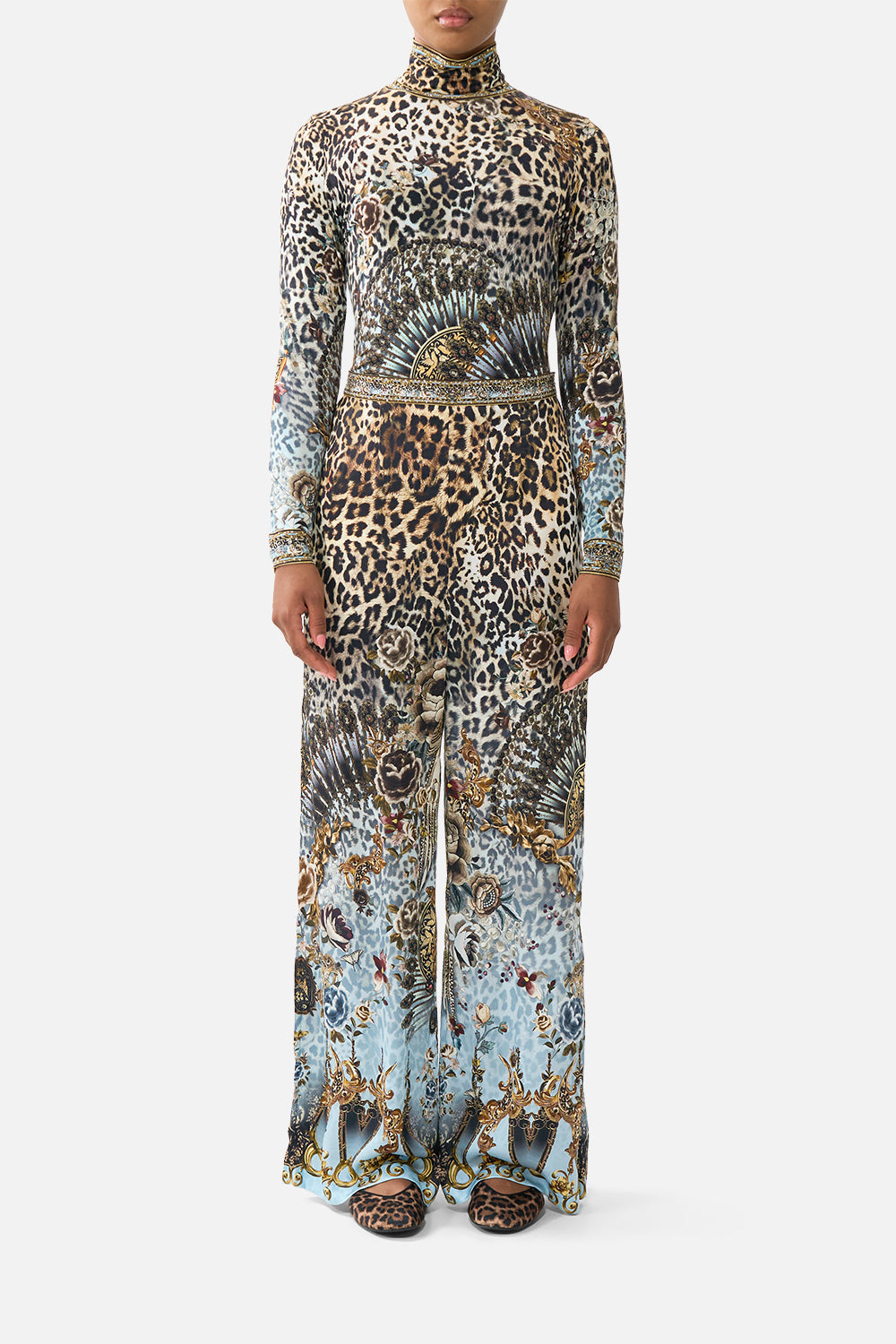 The CAMILLA MESH OFF SHOULDER GATHERED JERSEY DRESS A BELOVED BOUDOIR in our  print.