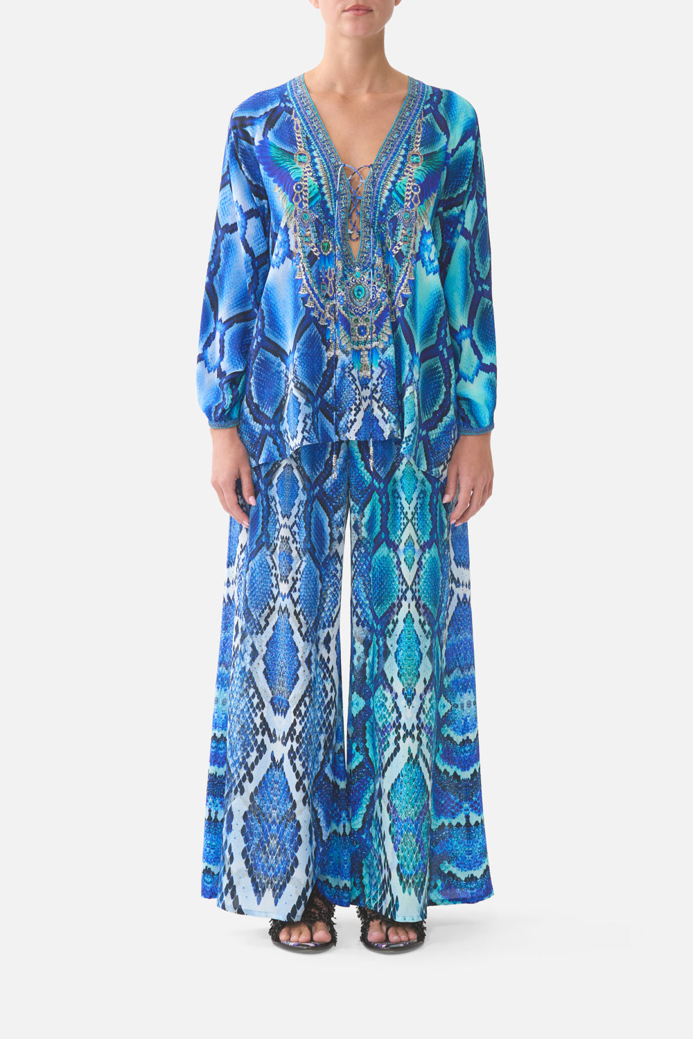 The CAMILLA BUTTON FRONT LONG DRESS LEOTIGRA LAND in our  print.