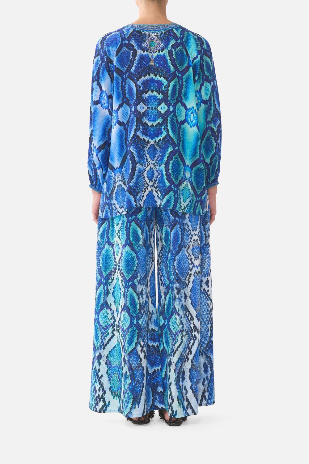 The CAMILLA BUTTON FRONT LONG DRESS LEOTIGRA LAND in our  print.